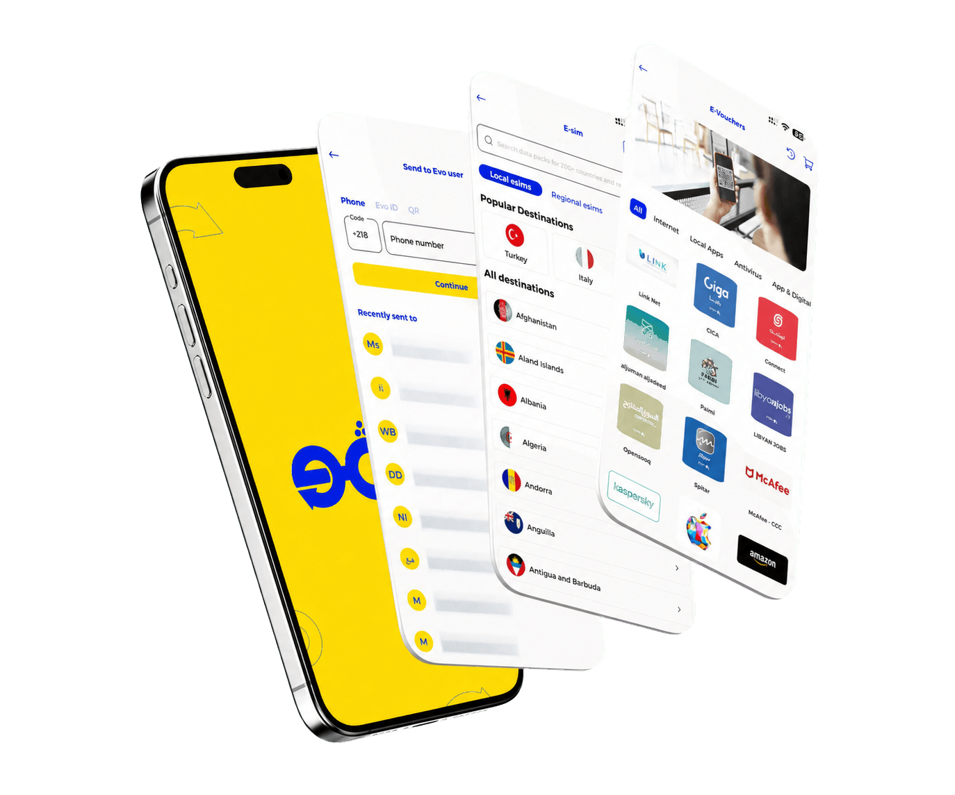 EVO Wallet mobile app interface on a transparent device mockup